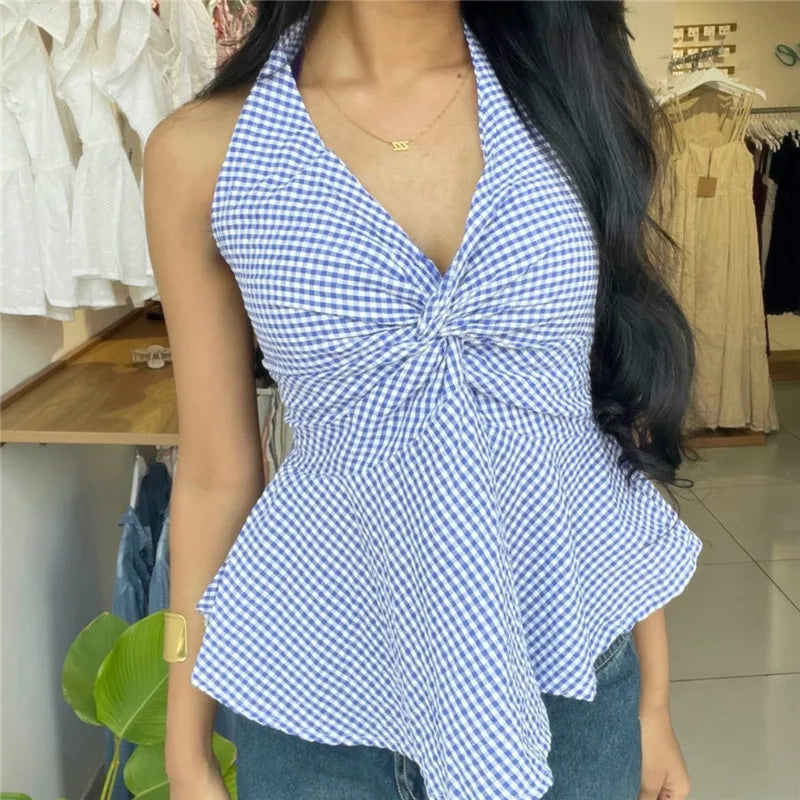 VacationGrabs  Women Gingham Halter Neck Top Twist Front Peplum Hem Sleeveless Plaid Casual Summer V Neck Backless Tank Top StreetWear