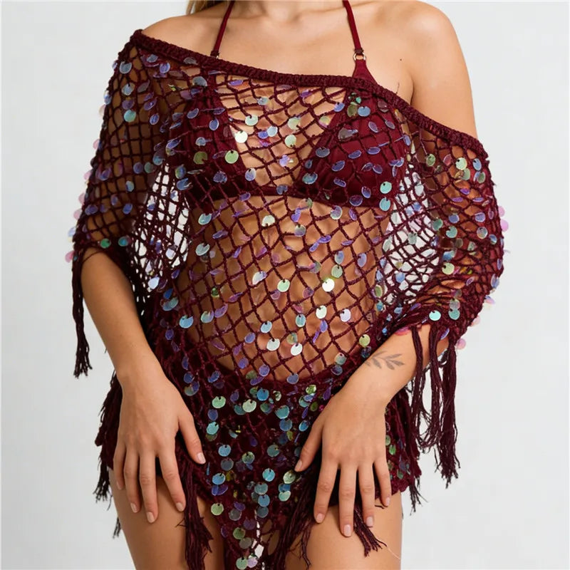 hirigin Women's Tassel Knit Ponchos Fashion Sequin Off One Shoulder Loose Fit Crochet Shrug Shawl for Casual Beach Wear