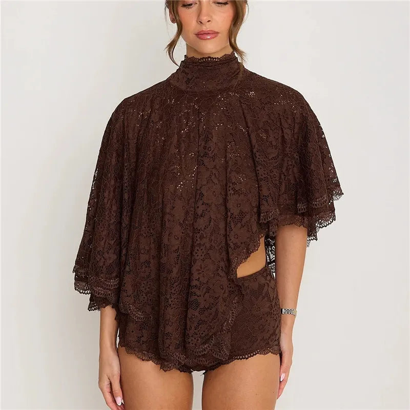 VacationGrabs  Women's Vintage Floral Lace High Neck Blouse Capelet Batwing Sleeve Open Back Bow Tie Backless Flowy Sheer Cropped Top