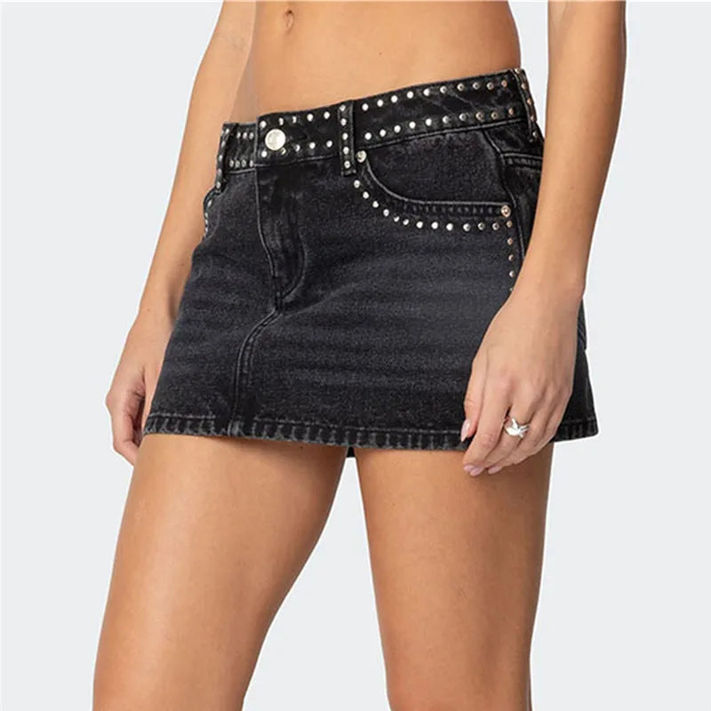 VacationGrabs  Womens Studded Denim Mini Skirt Low Waist Vintage Micro Skirt Y2K Aesthetic Streetwear Clubwear Party Slim Fit Skirt