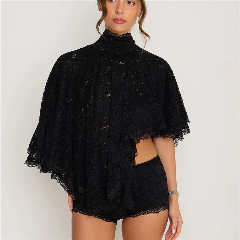 VacationGrabs  Women's Vintage Floral Lace High Neck Blouse Capelet Batwing Sleeve Open Back Bow Tie Backless Flowy Sheer Cropped Top