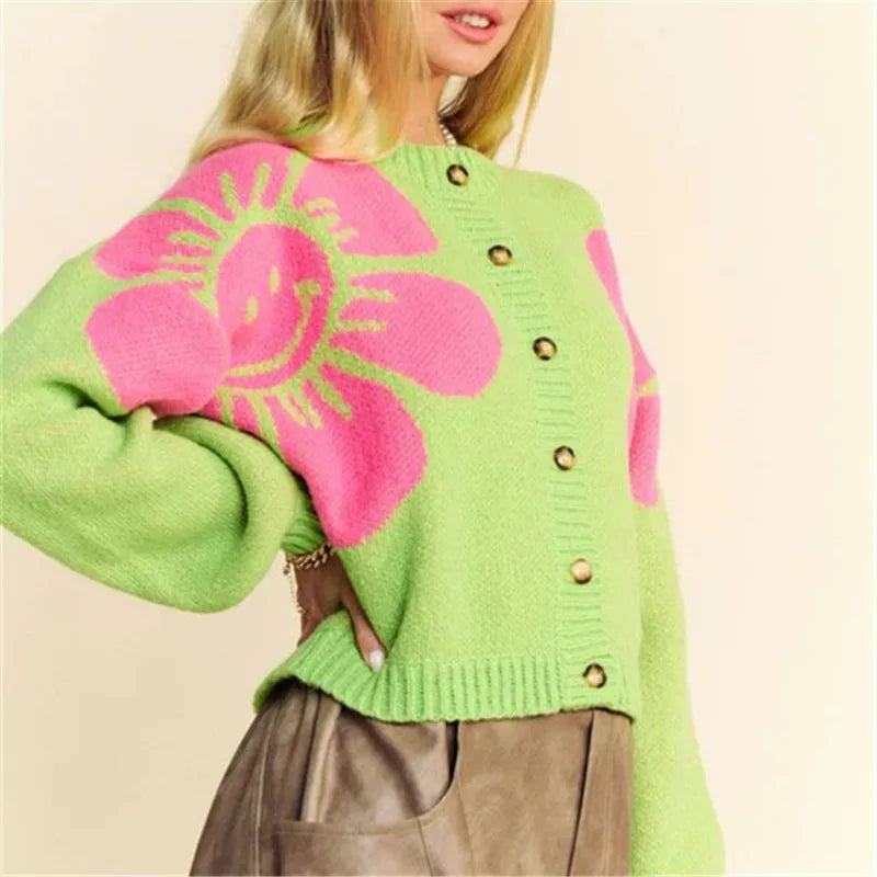 Women's Autumn Winter Sweater Cardigan Fashion Long Sleeve O Neck Button Up Flower Print Knitwear Vintage Streetwear