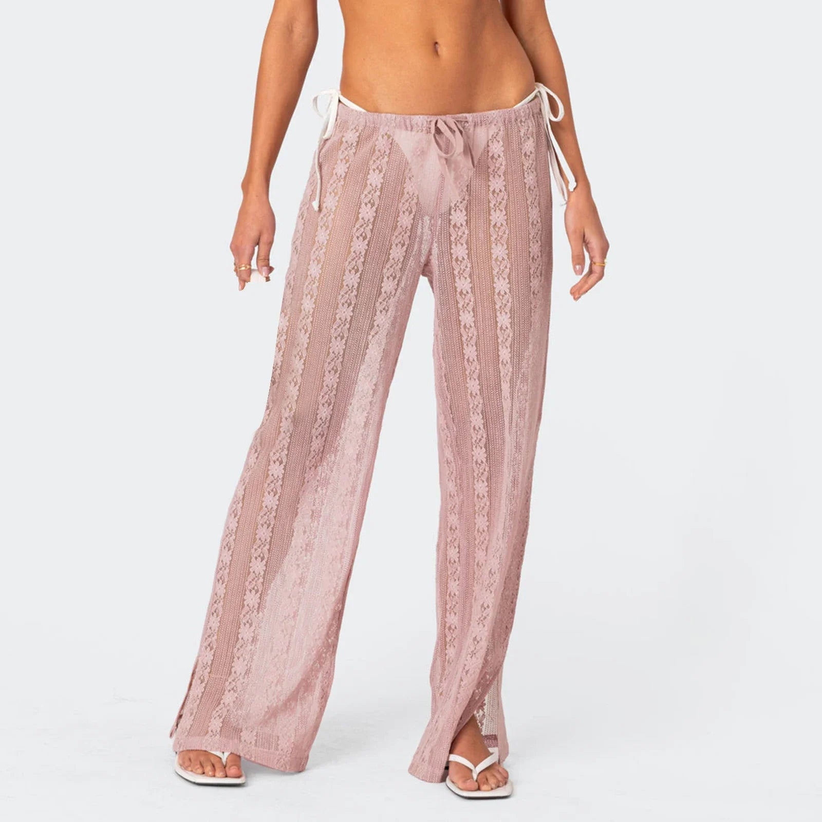 hirigin Women's Summer Sheer Beach Long Pants Casual Drawstring Waist Wide Leg Lace Floral See Through Pants Beachwear