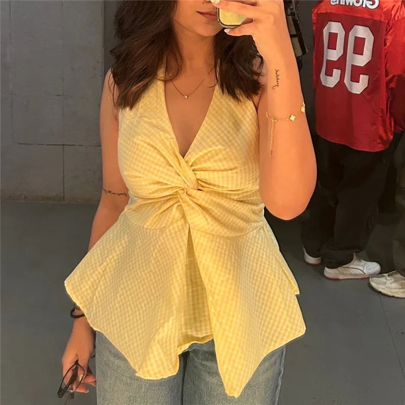 VacationGrabs  Women Gingham Halter Neck Top Twist Front Peplum Hem Sleeveless Plaid Casual Summer V Neck Backless Tank Top StreetWear