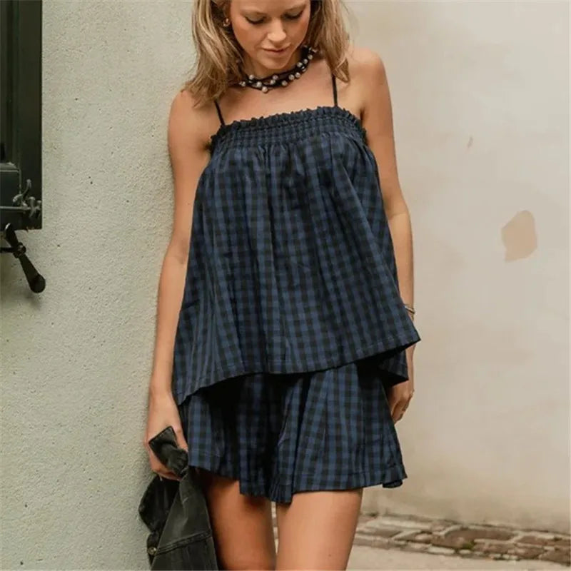 VacationGrabs  Women Gingham Two Piece Set Sleeveless Babydoll Tank Top and Plaid Shorts Pajama Set Sleepwear Y2k Summer Outfits