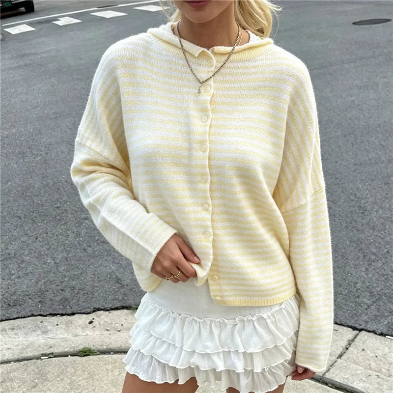 Hirigin Women Striped Cropped Knit Cardigan Round Neck Button Down Drop Shoulder Long Sleeve Loose Fit Knitted Sweater Jacket