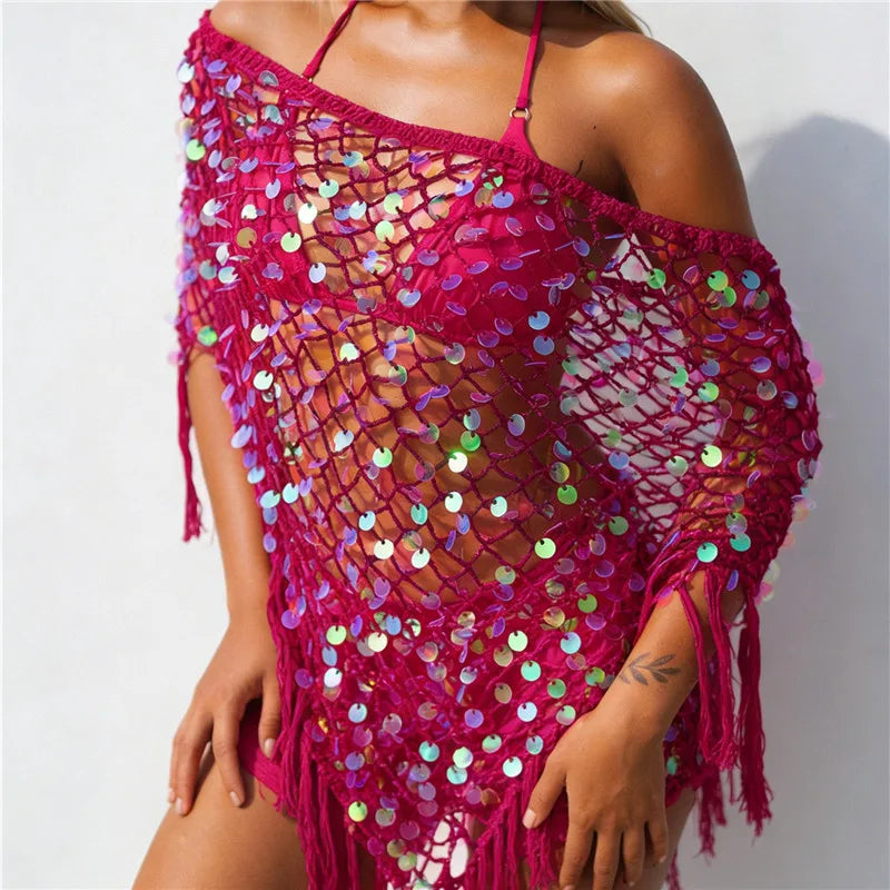 hirigin Women's Tassel Knit Ponchos Fashion Sequin Off One Shoulder Loose Fit Crochet Shrug Shawl for Casual Beach Wear