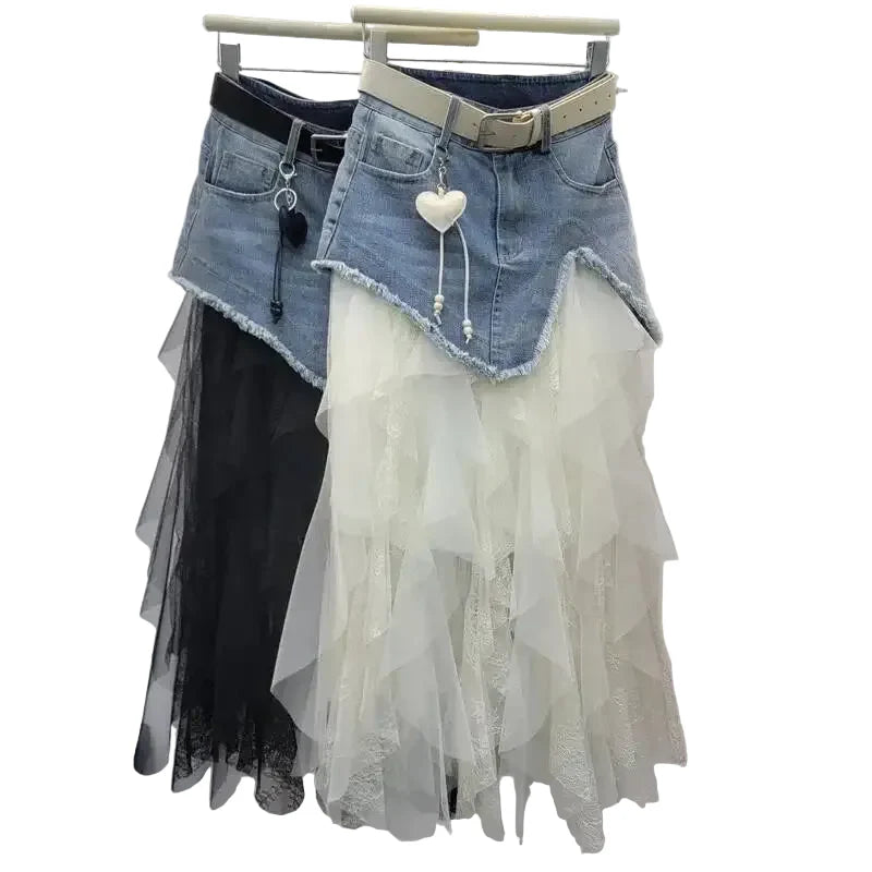Women's Skirts Mesh A-line High Waist Long Irregular Denim Skirt