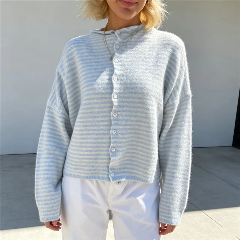 Hirigin Women Striped Cropped Knit Cardigan Round Neck Button Down Drop Shoulder Long Sleeve Loose Fit Knitted Sweater Jacket