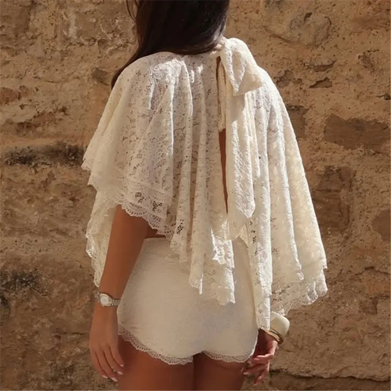 VacationGrabs  Women's Vintage Floral Lace High Neck Blouse Capelet Batwing Sleeve Open Back Bow Tie Backless Flowy Sheer Cropped Top