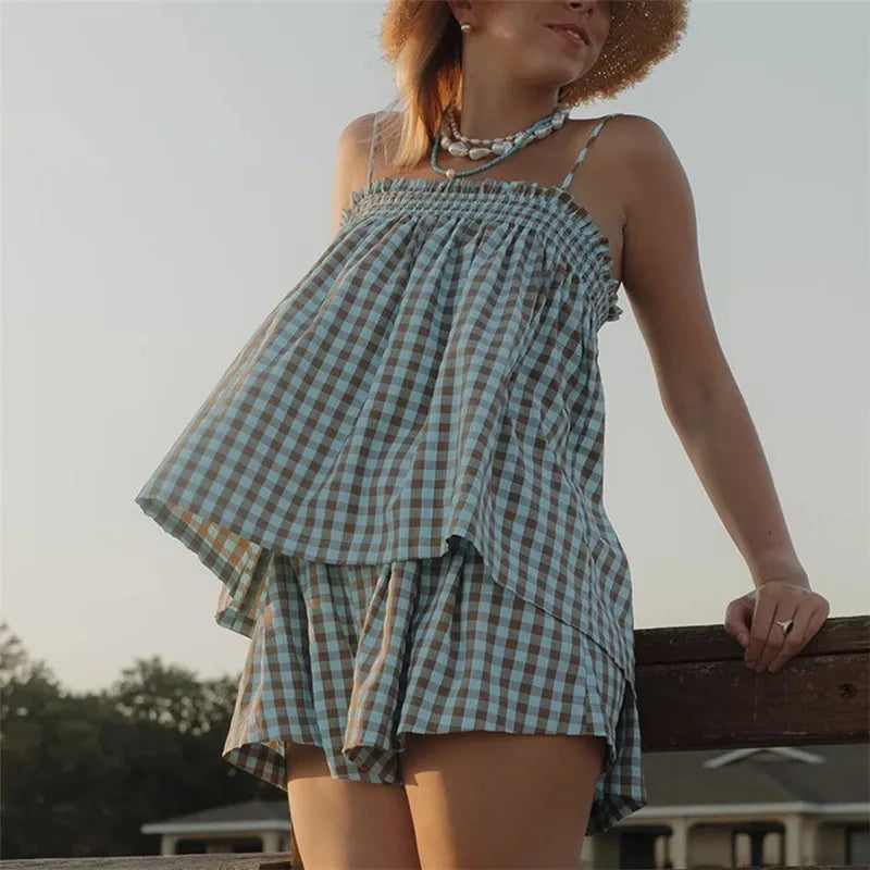 VacationGrabs  Women Gingham Two Piece Set Sleeveless Babydoll Tank Top and Plaid Shorts Pajama Set Sleepwear Y2k Summer Outfits