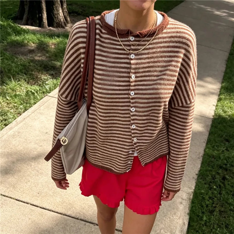 Hirigin Women Striped Cropped Knit Cardigan Round Neck Button Down Drop Shoulder Long Sleeve Loose Fit Knitted Sweater Jacket