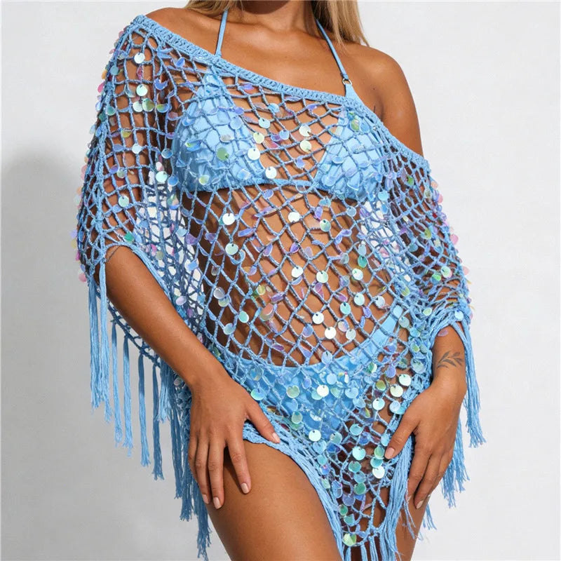 hirigin Women's Tassel Knit Ponchos Fashion Sequin Off One Shoulder Loose Fit Crochet Shrug Shawl for Casual Beach Wear