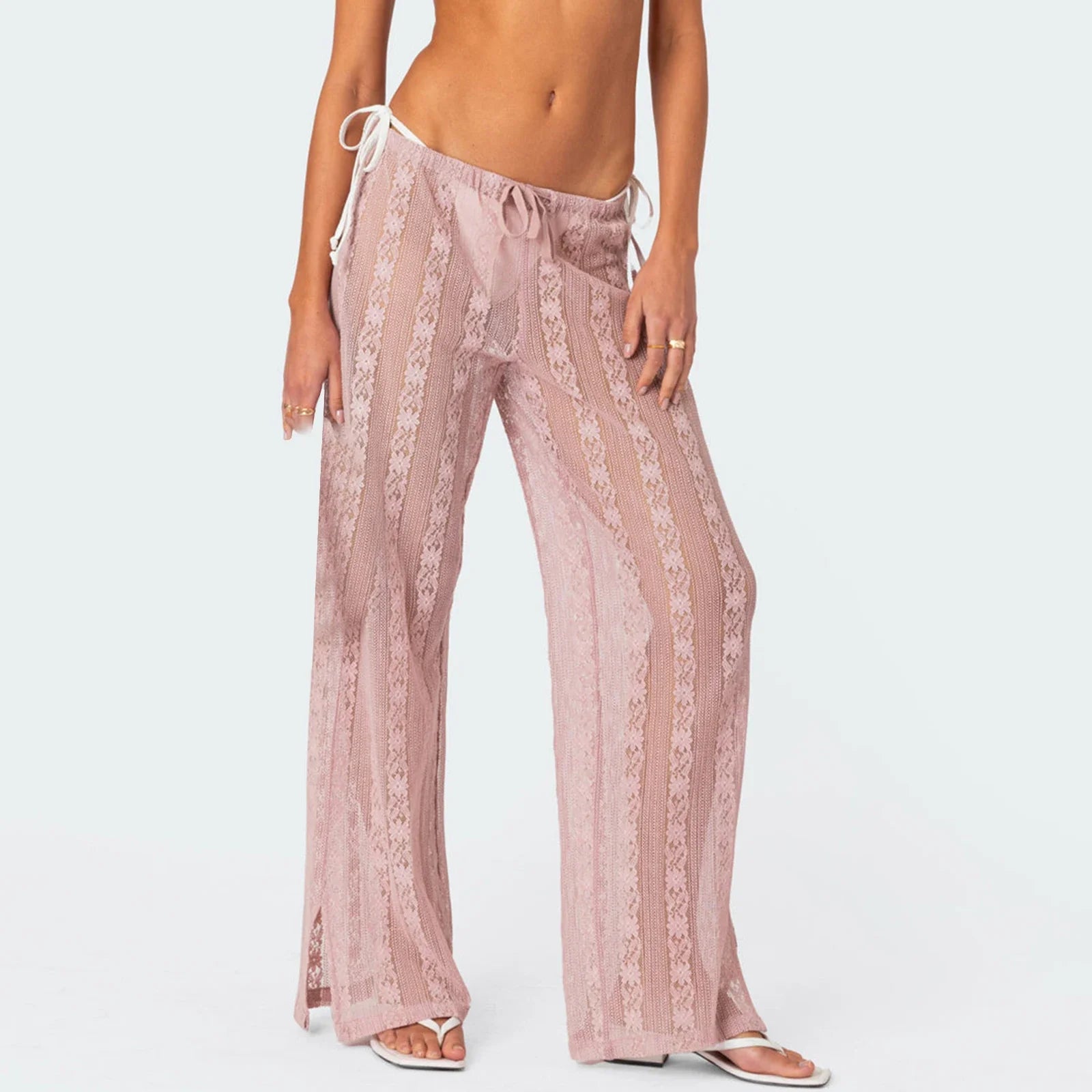 hirigin Women's Summer Sheer Beach Long Pants Casual Drawstring Waist Wide Leg Lace Floral See Through Pants Beachwear