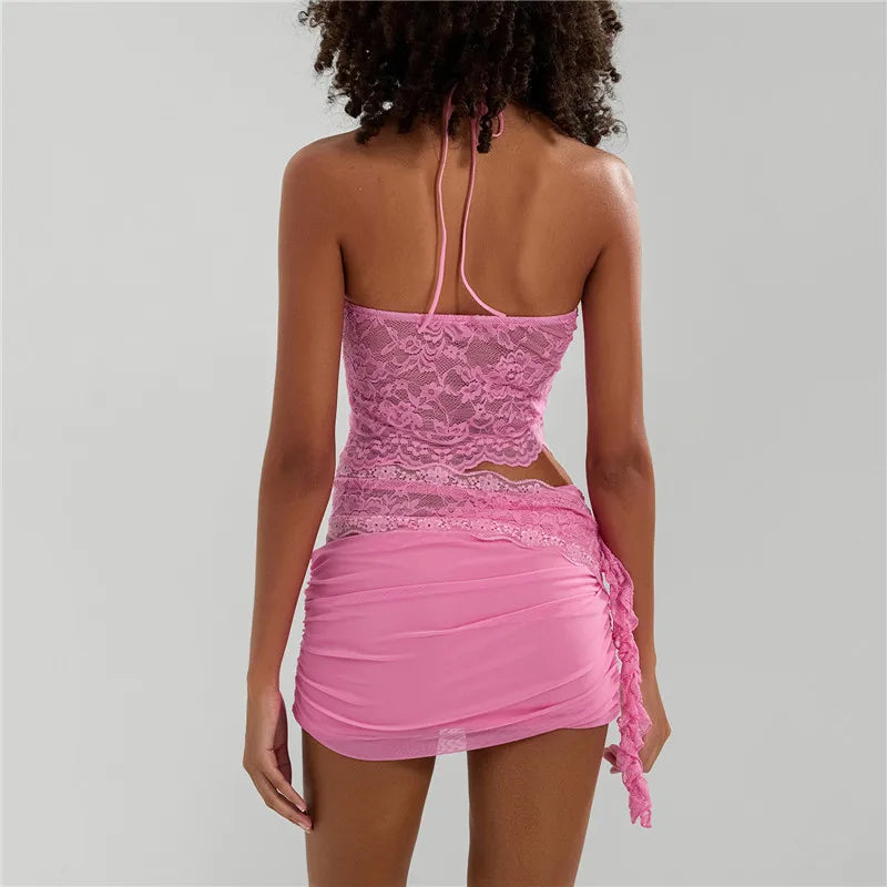 Chic Pink Lace Two Piece Set for Vacation Getaways