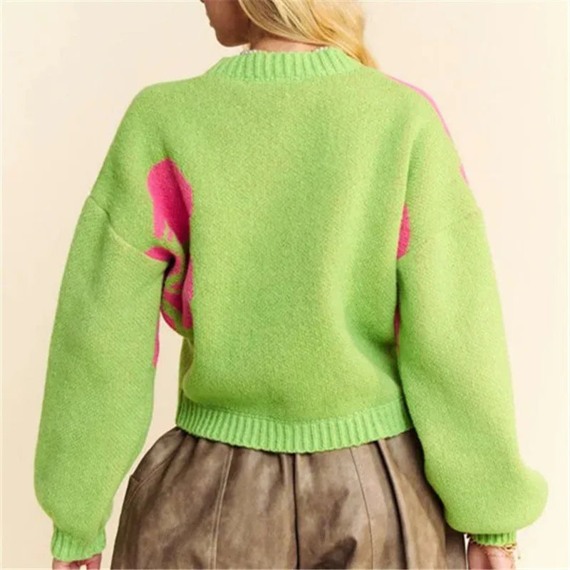 Women's Autumn Winter Sweater Cardigan Fashion Long Sleeve O Neck Button Up Flower Print Knitwear Vintage Streetwear