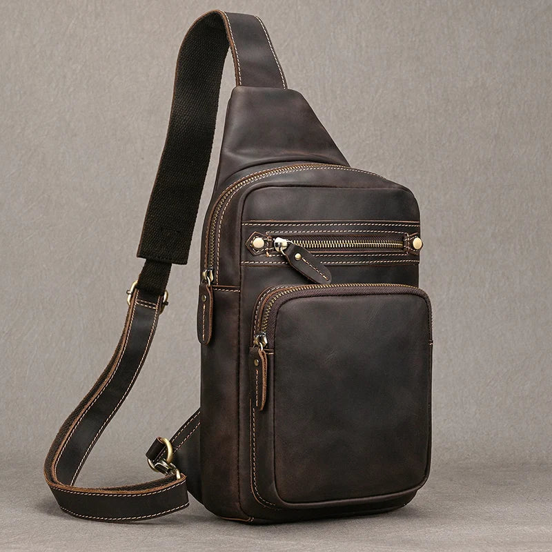 Newsbirds High Quality Big Chest Bag Real Cowhide Leather Chest Bags Crazy Horse Leather Men's Sling Bag Chest Pack For Man Male