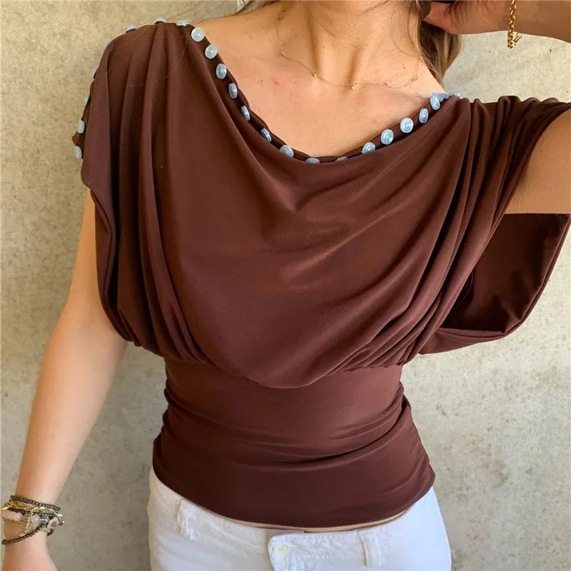 VacationGrabs  Y2K Vintage Off Shoulder Draped Blouse With Button Trim Slim Fit Ruched Waist For Women Casual Streetwear Party Top