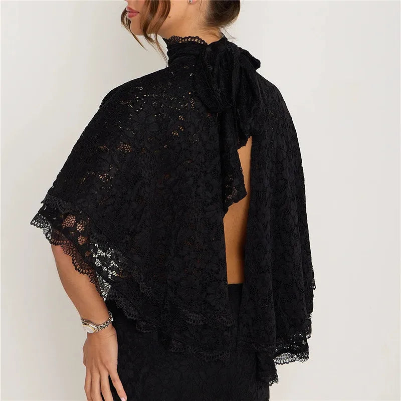 VacationGrabs  Women's Vintage Floral Lace High Neck Blouse Capelet Batwing Sleeve Open Back Bow Tie Backless Flowy Sheer Cropped Top