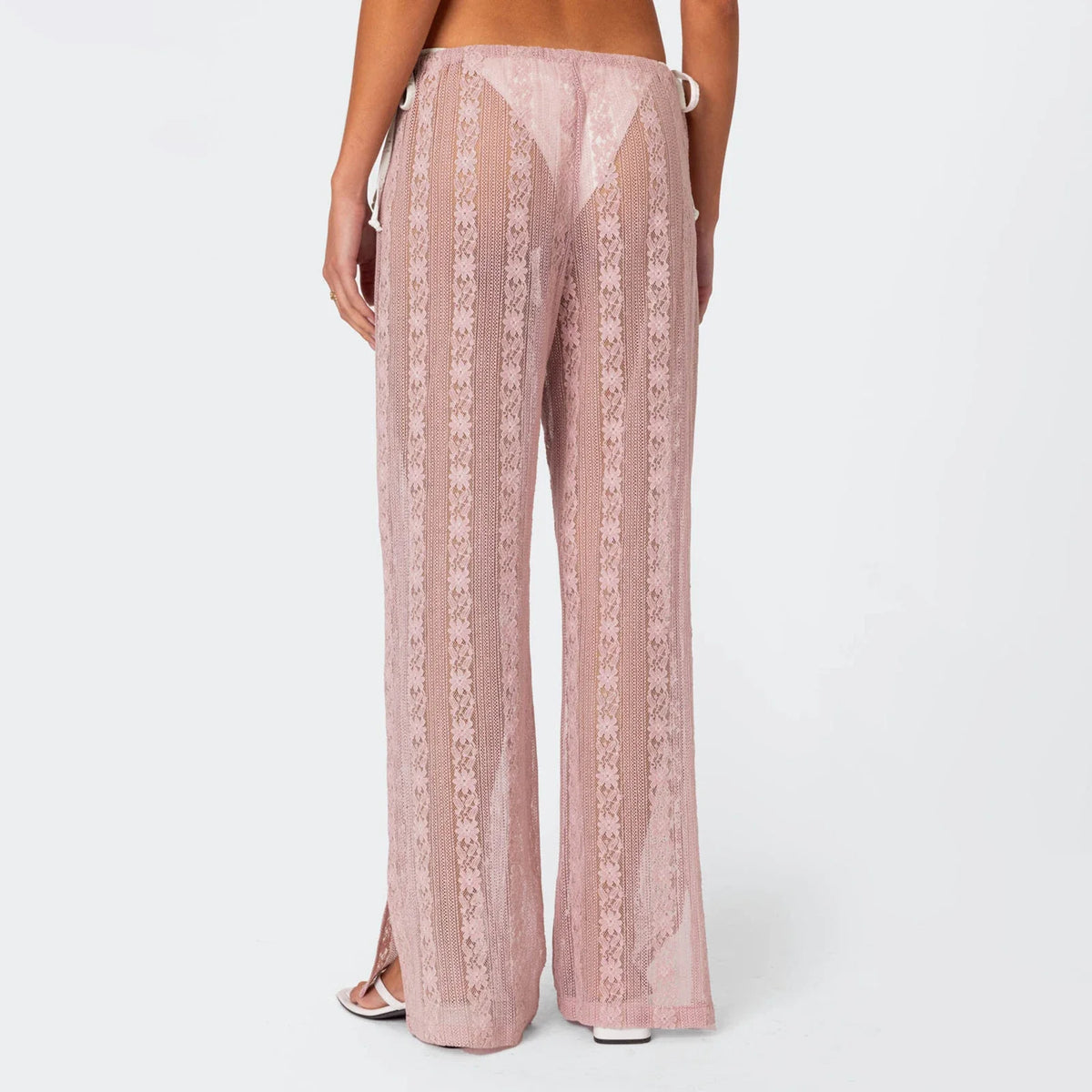hirigin Women's Summer Sheer Beach Long Pants Casual Drawstring Waist Wide Leg Lace Floral See Through Pants Beachwear
