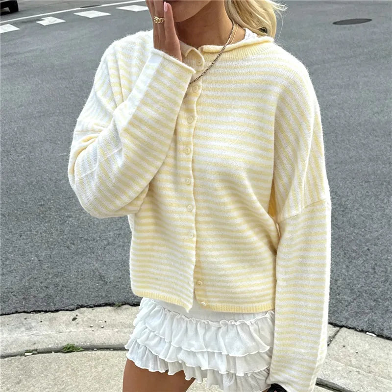 Hirigin Women Striped Cropped Knit Cardigan Round Neck Button Down Drop Shoulder Long Sleeve Loose Fit Knitted Sweater Jacket