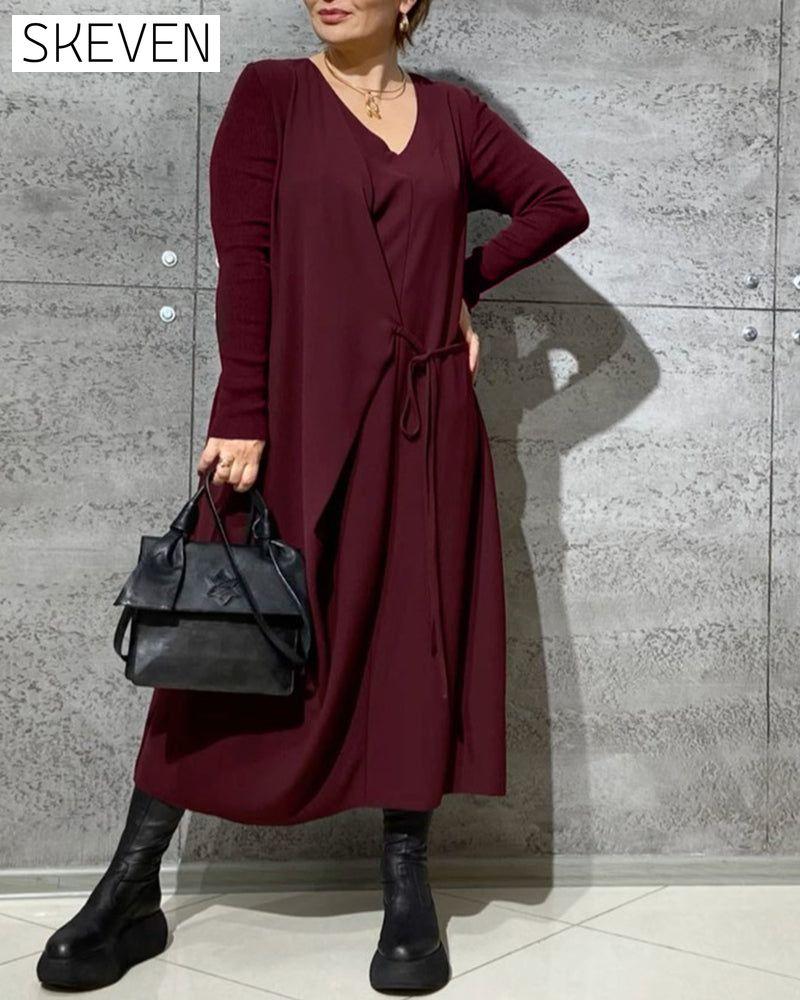 Solid color belted dress