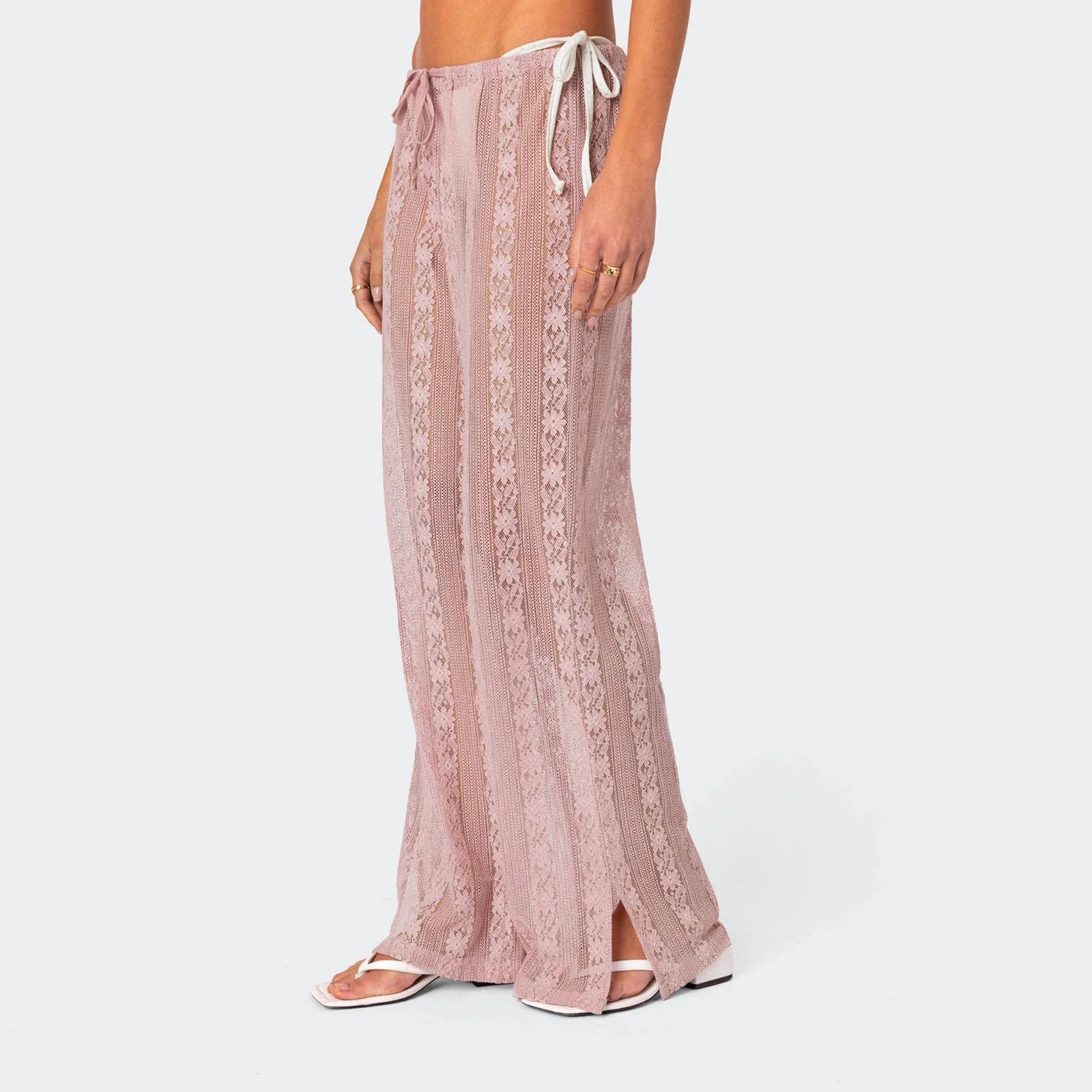hirigin Women's Summer Sheer Beach Long Pants Casual Drawstring Waist Wide Leg Lace Floral See Through Pants Beachwear
