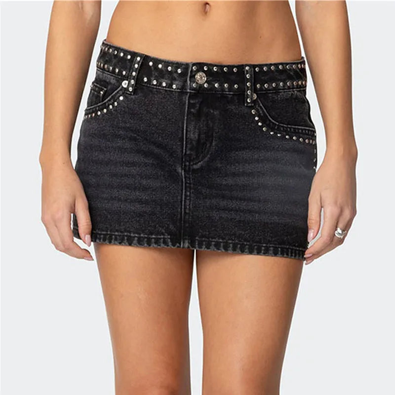 VacationGrabs  Womens Studded Denim Mini Skirt Low Waist Vintage Micro Skirt Y2K Aesthetic Streetwear Clubwear Party Slim Fit Skirt
