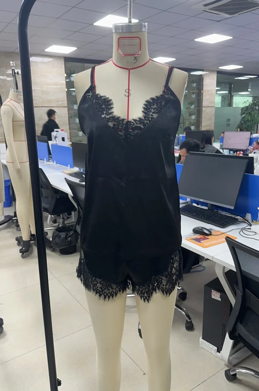 Hirigin Women's Summer Pajamas Set Stylish Solid Color Lace Trim V Neck Camisole Tops with Shorts Lounge Wear 2 Pcs Set