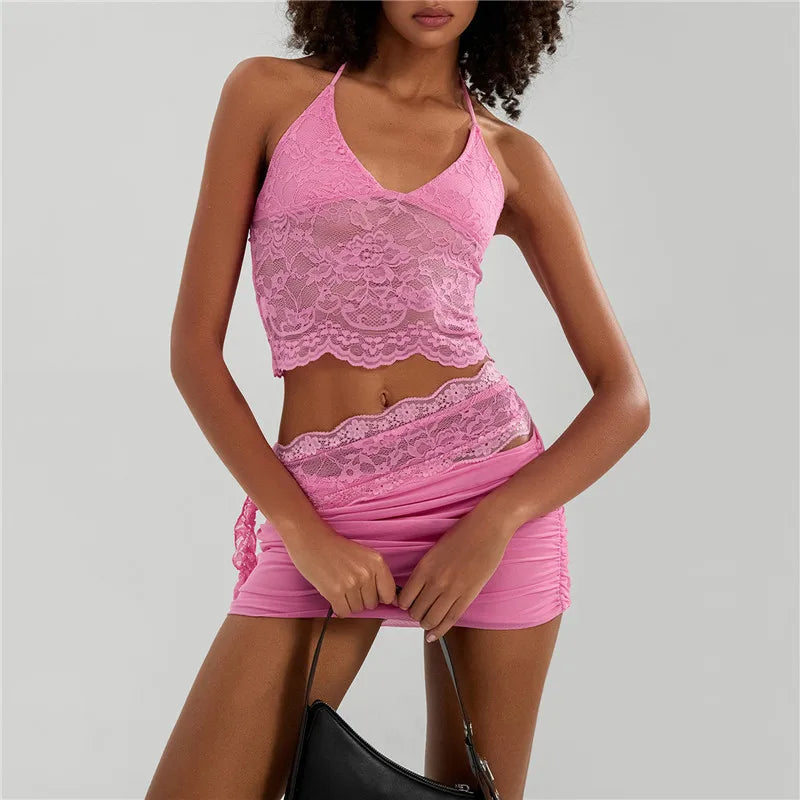 Chic Pink Lace Two Piece Set for Vacation Getaways