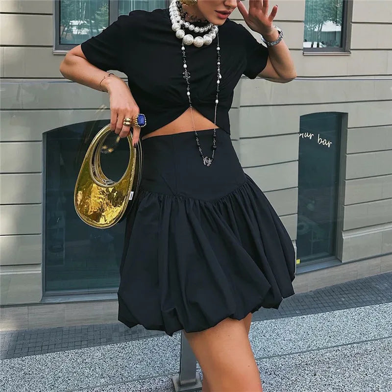 hirigin Women Y2K Bubble Skirt Fashion Elastic Waist Pleated Ruffle Hem A Line Mini Skirt Girls Cute Short Puffy Balloon Skirt