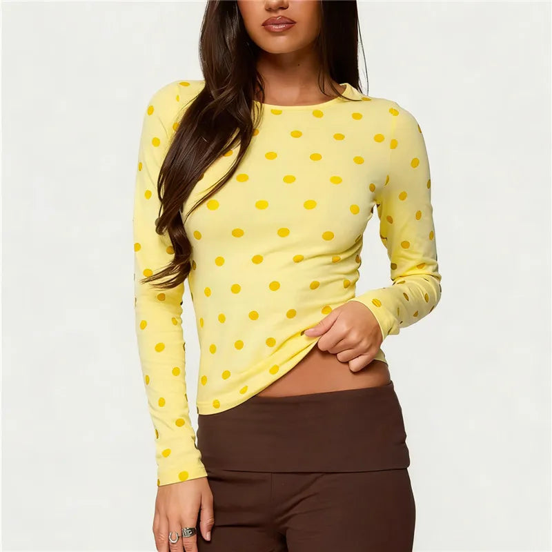 VacationGrabs  Y2K Coquette Polka Dot Long Sleeve Crew Neck Slim Fitted T-Shirt Crop Top Women Casual Bodycon Spring Fall Streetwear
