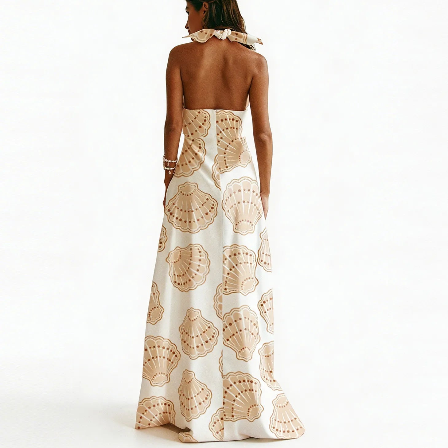 VacationGrabs  Women's Seashell Print Halter Neck Maxi Dress Sleeveless Bodycon Backless Evening Party Long Dress for Summer Vacation