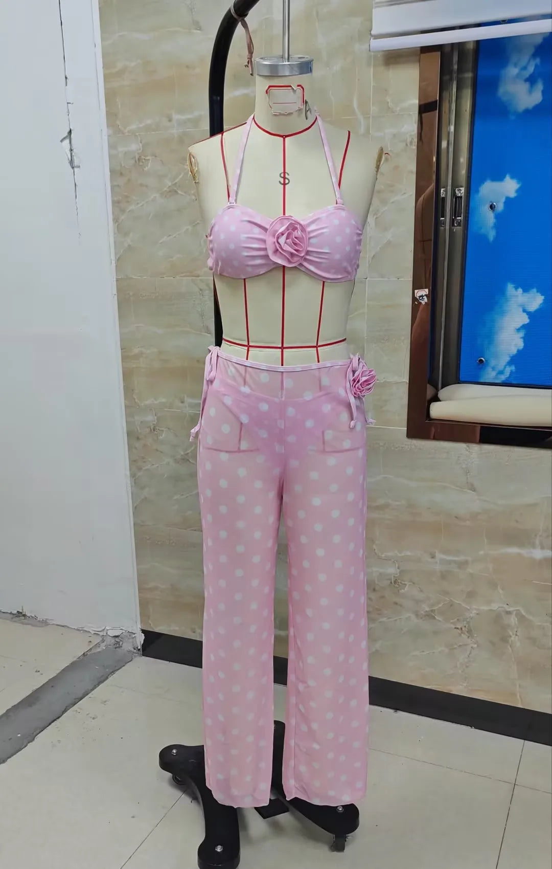 hirigin Women's 3 Piece Bikini Set Fashion Dot Print Halter Neck Bra Triangle Thong Bathing Suit with Cover Up Pants