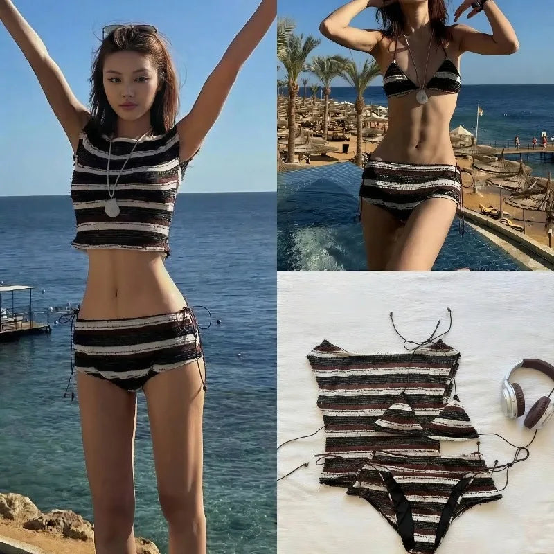 Striped 4-Piece Halter Bikini Set, Tummy Control Shorts