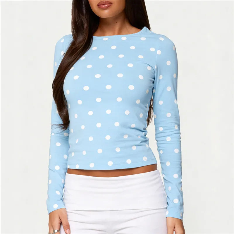 VacationGrabs  Y2K Coquette Polka Dot Long Sleeve Crew Neck Slim Fitted T-Shirt Crop Top Women Casual Bodycon Spring Fall Streetwear