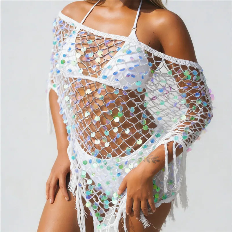 hirigin Women's Tassel Knit Ponchos Fashion Sequin Off One Shoulder Loose Fit Crochet Shrug Shawl for Casual Beach Wear