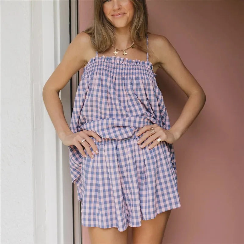 VacationGrabs  Women Gingham Two Piece Set Sleeveless Babydoll Tank Top and Plaid Shorts Pajama Set Sleepwear Y2k Summer Outfits