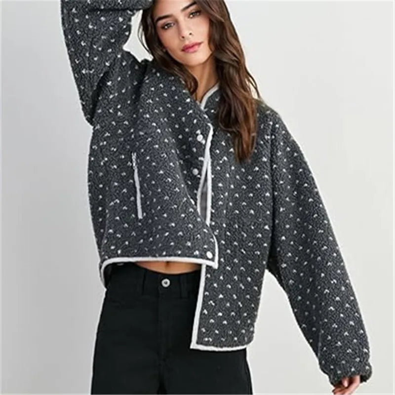 Womens Fleece Fuzzy Jacket Heart Dots Print Long Sleeve Winter Warm Fluffy Coats Button Down Sherpa Cardigan Y2K Outerwear