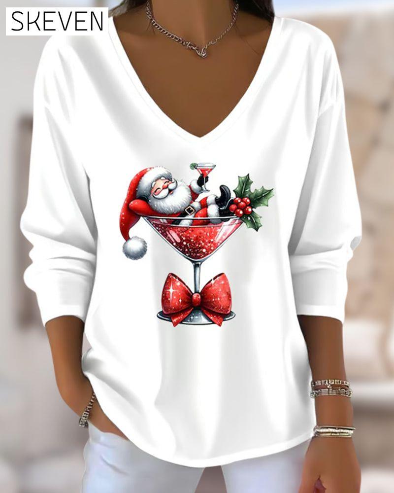 Locker sitzendes Oberteil mit V-Ausschnitt und Weihnachtsmotiv (Weihnachtsweinglas-Print)