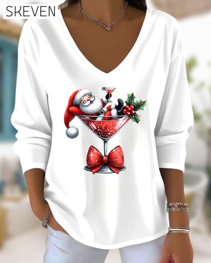 Locker sitzendes Oberteil mit V-Ausschnitt und Weihnachtsmotiv (Weihnachtsweinglas-Print)