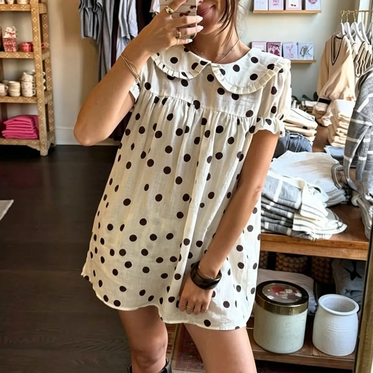 VacationGrabs  Cute Ruffle Collar Polka Dot/Striped Dress Women's Short Puff Sleeve Loose A-Line Casual Mini Sundress Summer Streetwear