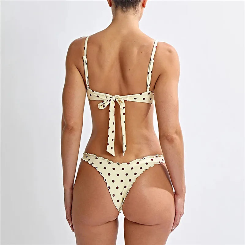 hirigin Women Dots Print 2pcs Bikini Set Holiday Swimsuits Tie-Up Back Bikini Tops Low Rise Thongs Female Bathing Suit Beachwear