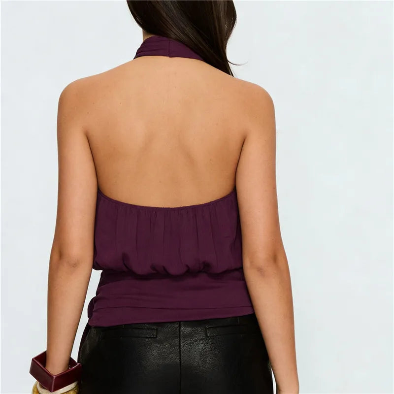 VacationGrabs  Elegant Plum Purple Halter Top Women Open Back Sleeveless Blouse Tie Waist Flowy Top For Office Commute And Casual Wear