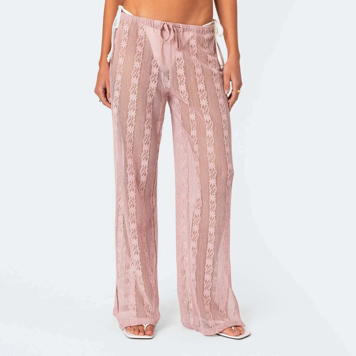 hirigin Women's Summer Sheer Beach Long Pants Casual Drawstring Waist Wide Leg Lace Floral See Through Pants Beachwear