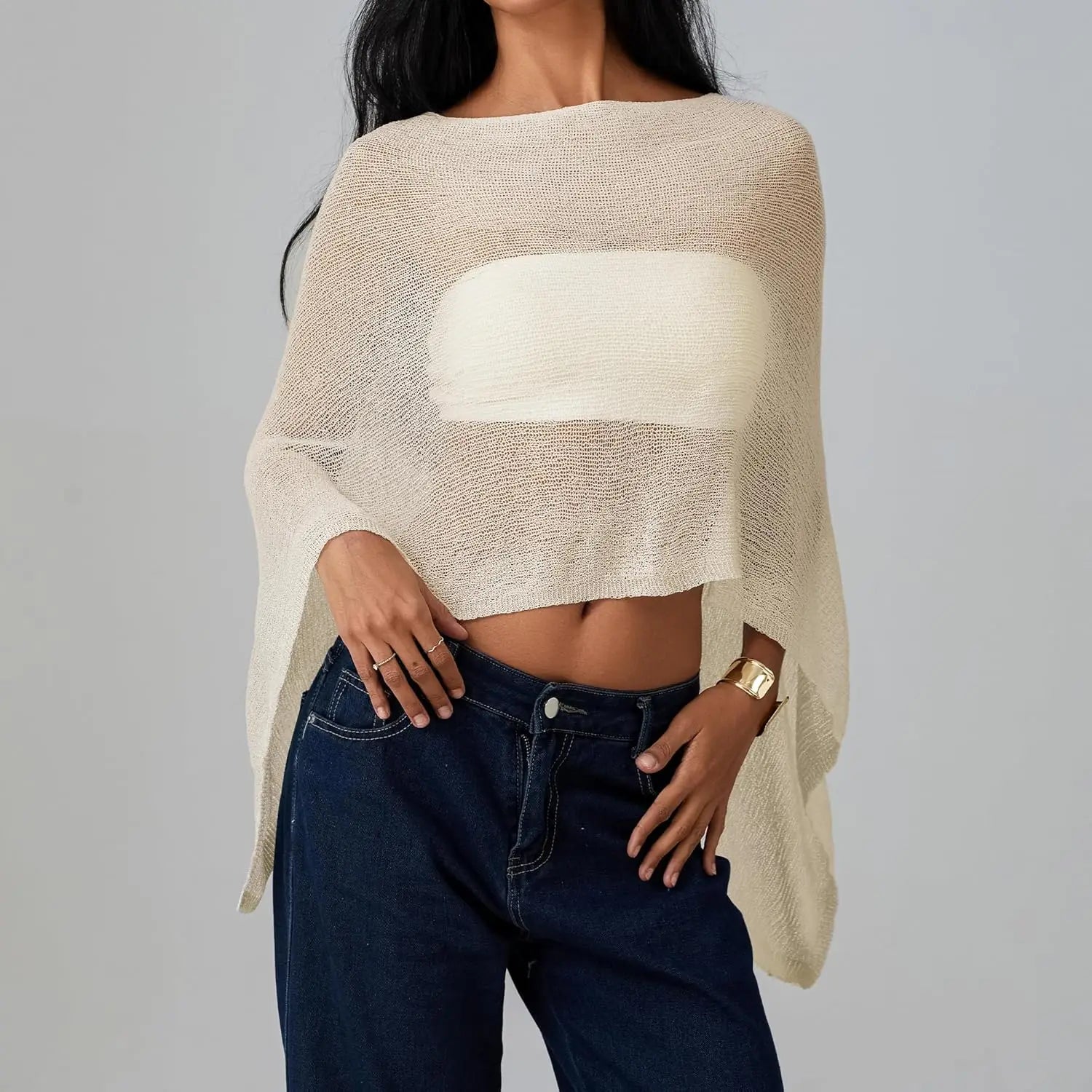 hirigin Sheer Knitted Beach Poncho Cover Up for Women Lightweight Ponchos Capes Stylish Beachwear Swimwear Shawl Wraps