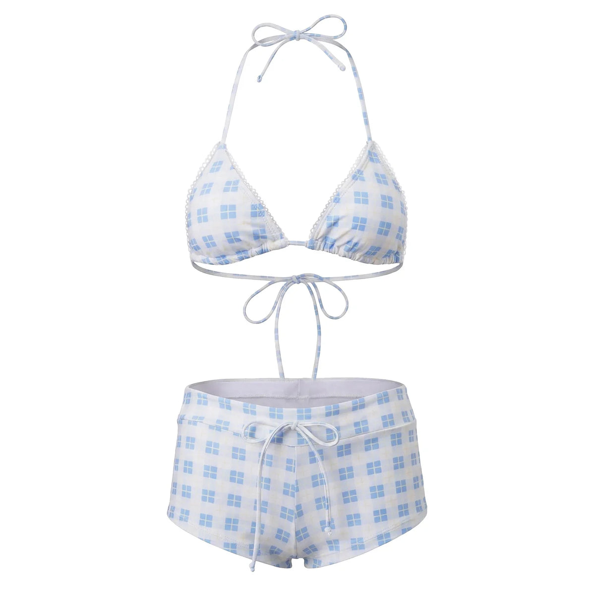 hirigin Women's 2 Piece Bikini Set Fashion Plaid Print Sleeveless Halter Neck Triangle Tops and Low Waist Boyshorts Bathing Suit