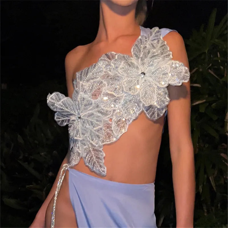 VacationGrabs Women Sexy Beach Vacation y2k Chic Skew Collar Tank Tops Sequin Flowers Lace Up Crop Tops Summer Lady Vacation Camisole