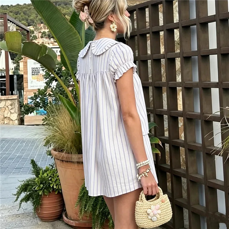 VacationGrabs  Cute Ruffle Collar Polka Dot/Striped Dress Women's Short Puff Sleeve Loose A-Line Casual Mini Sundress Summer Streetwear