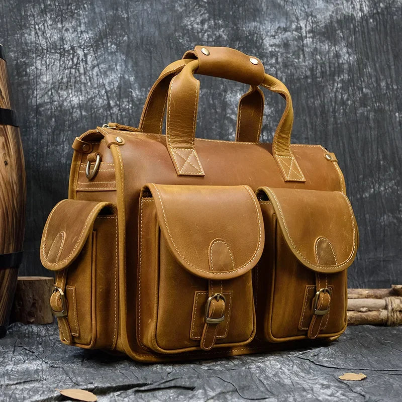 Top Grade Quality Laptop Briefcase Crazy Horse Genuine Leather Laptop Bags Notebook PC Shoulder Bag For Business Man Vintage
